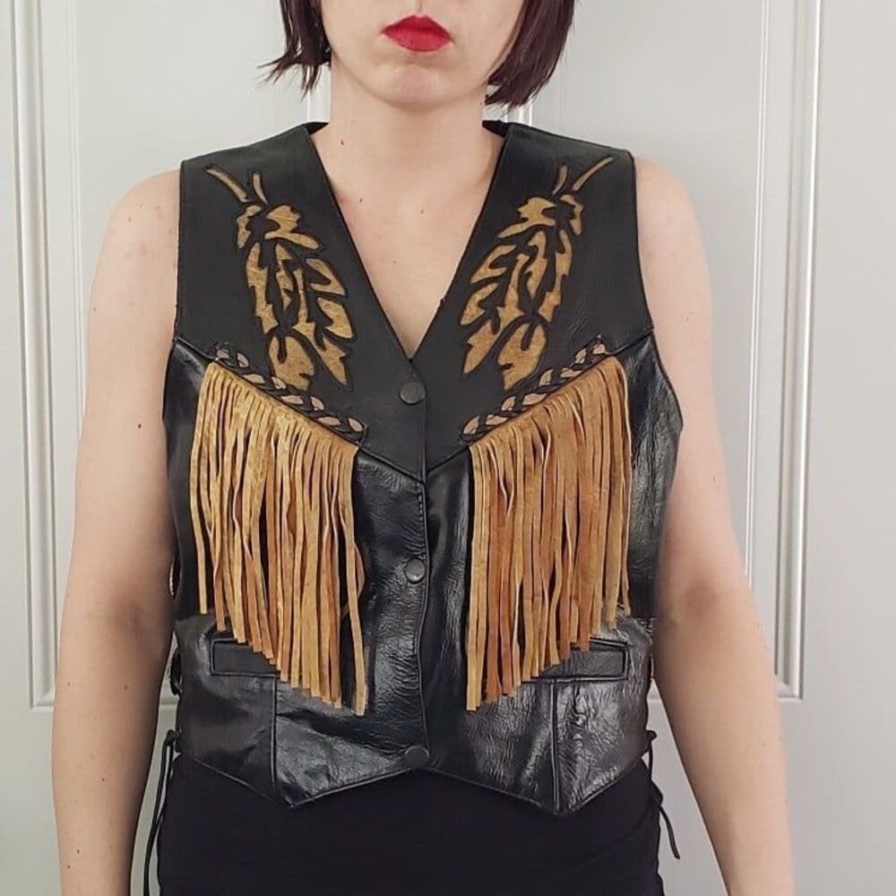 Vintage Leather Club Black and Tan Fringe Leather Vest